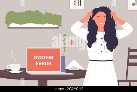 People with computer tech error in office workplace vector illustration. Cartoon frustrated business lady character working with software problem, young office worker girl and error warning window Stock Vector