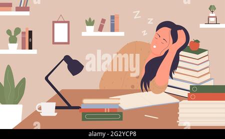 Tired girl, exhausted of study vector illustration. Cartoon young woman sleeping next to books, sleepy girl student character sitting at table, studying hard before exam at home interior background Stock Vector