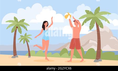 People couple play beach volleyball, summer vacation in tropical resort seashore vector illustration. Cartoon woman man player characters in beachwear playing ball in sea beach landscape background Stock Vector