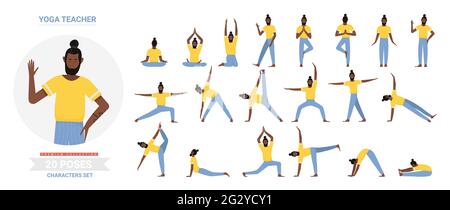 Set of Cute people in yoga poses,cartoon characters, isolated on
