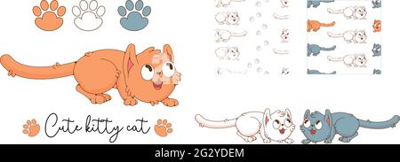 Cute ginger cat. Cute, playful cat. A set of seals. Stock Vector