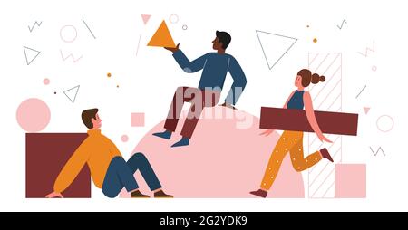 People organize abstract geometric shapes, circle square triangle vector illustration. Cartoon team of man woman characters holding figures, teamwork building project and organization background Stock Vector