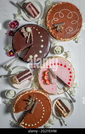 Homemade cakes on the table. Tasty fresh cakes. Vegan fresh cakes. Stock Photo