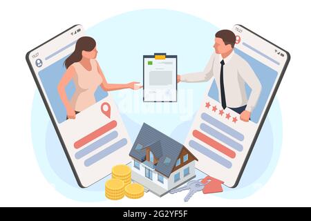 Isometric signed real estate purchase or lease agreement. Buyer. Mortgage online, new home buying online. Buying, selling or renting real estate. Stock Photo