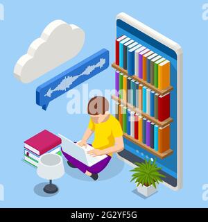 Isometric Audiobooks concept. Listening to e-books in audio format. Books online. Online training banner. Ebook and Student Stock Photo