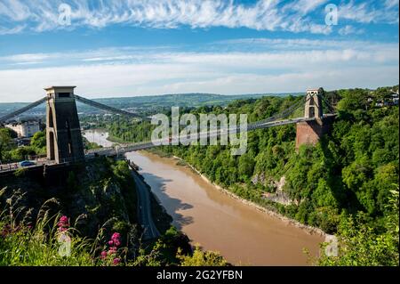 a image capturing the whole of the world famous Isambard Kingdom Brunel's Clifton suspension bridge in Bristol Stock Photo