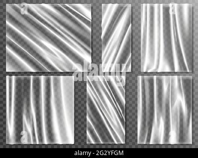 Realistic plastic banners. Transparent plastic wrap, glossy flexible material wrinkled banner vector illustration set. Polyethylene texture elements Stock Vector