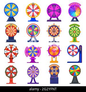 Fortune wheel. Casino game jackpot lucky wheels, spinning striped roulette isolated vector illustration set. Rotating lottery wheel roulette Stock Vector