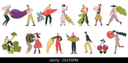 Vegetarian characters. People carrying raw ingredients, vegetable and fruits, organic healthy food vector illustration set. Healthy vegetarian diet Stock Vector