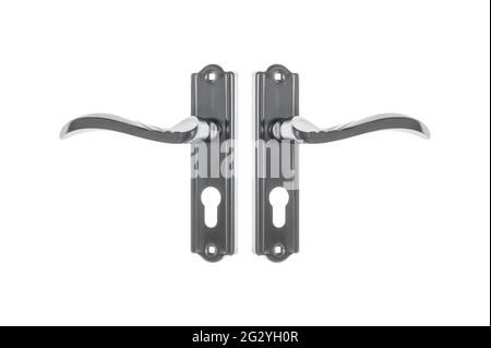 Silver modern door handle with floral ornament. Flat lay object isolated on white background. Stock Photo