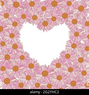 Floral frame of white-pink-yellow daisies in the shape of heart on white background. Vector illustration element with copy space for greeting cards, invitations wedding, birthday, packaging. Stock Vector