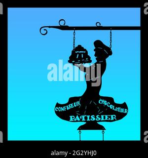 Pastry shop sign depicting the silhouette of a pastry chef holding a cake with the words "confectioner, chocolatier and pastry chef" (in french) Stock Photo