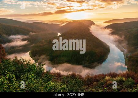 Panoramic view from the Cloef to the Saar loop, Germany. Stock Photo