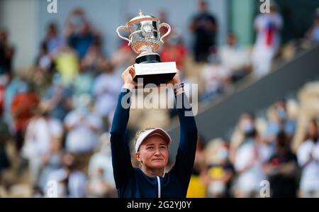 Barbora Krejcikova of the Czech Republic with the Coupe Suzanne Lenglen after winning the final of the Roland-Garros 2021, Grand Slam tennis tournament on June 12, 2021 at Roland-Garros stadium in Paris, France - Photo Rob Prange / Spain DPPI / DPPI / LiveMedia Stock Photo