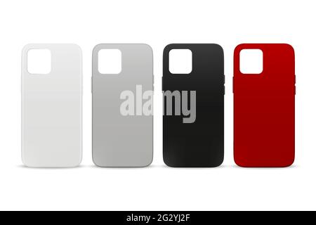 Vector 3d Realistic White, Gray, Black, Red Blank Phone Case Design Template. Back Cover for Smartphone Set Isolated on White Background. Mockup Stock Vector