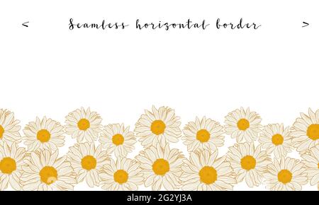 Seamless horizontal daisy border with bronze outline isolated on white background. Decorative vector design with copy space for wallpapers, packaging, textiles, fabrics or other printable covers. Stock Vector