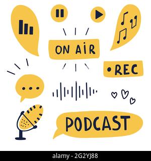 Podcast concept with handwritten lettering and decoration. Text and podcasts symbols isolated on white background. Stock Vector