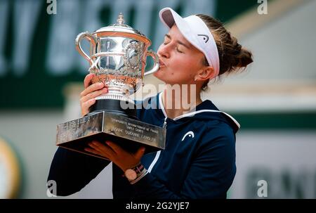 Barbora Krejcikova of the Czech Republic with the Coupe Suzanne Lenglen after winning the final of the Roland-Garros 2021, Grand Slam tennis tournament on June 12, 2021 at Roland-Garros stadium in Paris, France - Photo Rob Prange / Spain DPPI / DPPI / LiveMedia Stock Photo