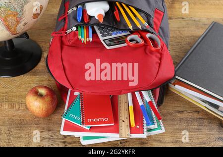 Overhead of an assortment of school supplies in a book bag on a wooden desk Stock Photo