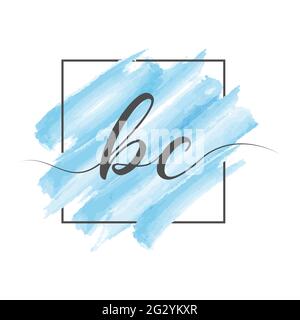 Calligraphic lowercase letters BC in a single line on a colored background in a frame. Vector illustration isolated on a white background. Creative de Stock Vector