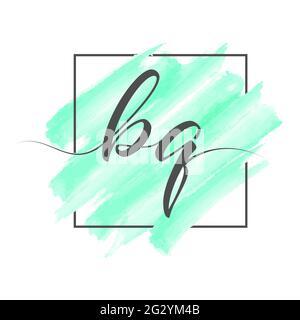 Calligraphic lowercase letters BQ in a single line on a colored background in a frame. Vector illustration isolated on a white background. Creative de Stock Vector