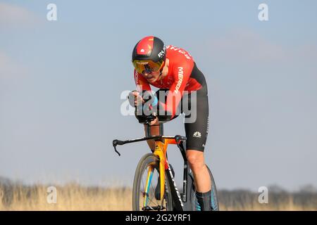 Belgian rider Dylan Teuns (Bahrain Victorious Team) seen in action in the individual time trial where he finished the 18th stage, 0'24' behind the winner. He is ranked 20th in the final overall classification.The 79th Paris-Nice 2021 cycling race took place from March 07 to 14, 2021. The third stage consisted of an individual time trial around the city of Gien of 14.4 km and was held on March 09, 2021.The winner of the stage is the Swiss Stefan Bissegger of the EF Nippo team. The overall winner of the race is Maximilian Schachmann (Bora-Hansgrohe team). (Photo by Laurent Coust/SOPA Images/ Stock Photo