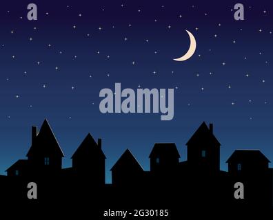 Silhouette of the city and night sky with stars and moon Stock Vector ...