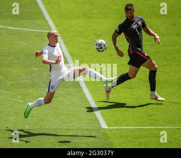 13th June 2021 - England v Croatia - UEFA Euro 2020 Group D Match - Wembley - London  Phil Foden beautifully controls an aerial ball during the UEFA Euro 2020 Group D match at Wembley Stadium, London. Picture Credit : © Mark Pain / Alamy Live News Stock Photo