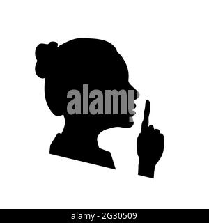 Woman face profile with hand, shhh icon on white, please keep quiet sign Stock Vector