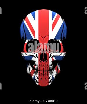 Human skull with United Kingdom flag isolated on black background. Vector Illustration. Stock Vector