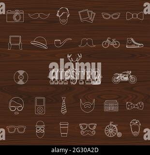 Hipster white line icon set on wooden surface texture background Stock Vector