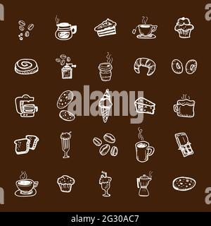 Cafeteria coffee mocha cream bakery white line icon set on chocolate background Stock Vector