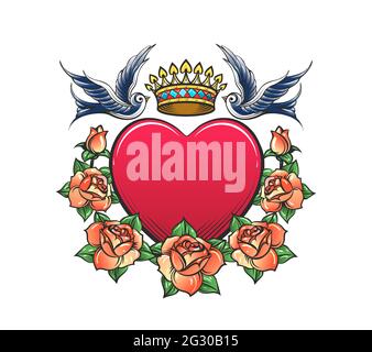Tattoo of Heart with Crown Rose Wreath and Two swallows isolated on White. Vector illustration Stock Vector
