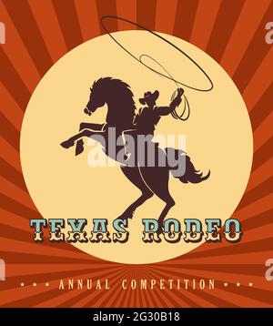 Vintage Rodeo poster. Silhouette of cowboy with lasso ride a wild horse. Vector Illustration. Stock Vector