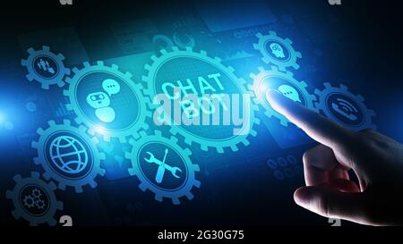 Chatbot computer program designed for conversation with human users over the Internet. Support and customer service automation technology concept. Stock Photo
