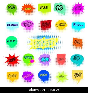 Colorful comic speech bubbles with halftone shadows, expression text, pop art style, retro talk bubble in comic style Stock Vector