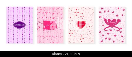 Set of notebook cover templates with colorful hearts with hand-drawn texture and design, for valentine's day and for notebook, planner, diary Stock Vector