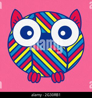 Illustration of a funny cartoon oval owl on pink background, made as an oil painting Stock Photo