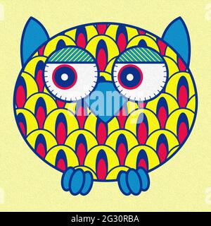 Illustration of a funny cartoon oval owl on a pale yellow background, made as an oil painting Stock Photo