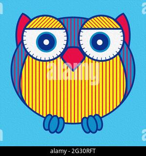 Illustration of amusing cartoon oval owl in yellow, red and blue hues made with the effect of oil paint Stock Photo