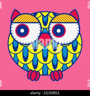 Illustration of amusing cartoon oval owl with flowers on a pink background, made as an oil painting Stock Photo