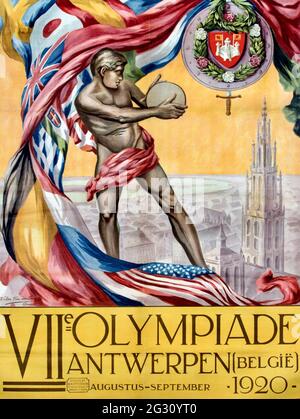 Antwerp 1920 - Vintage Olympic Poster - Discus Thrower Stock Photo