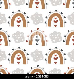 Rainbow and heart baby cartoon vector seamless pattern design. Children print background illustration. Trendy graphic hand drawn wallpaper. Stock Vector