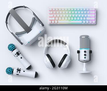 Top view of gamer gears like mouse, keyboard, joystick and headphones ...