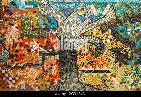 Mozayko Vallarta is a mosaic wall project commemorating the 44th anniversary of the city of Puerto Vallarta, created by local artist Natasha Moraga. Stock Photo