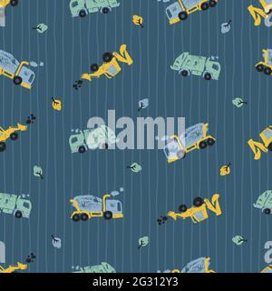 Vector dark blue pen sketch rows of medium cute cement trucks transport vehicles seamless pattern with vertical stripes. Suitable for textile, gift Stock Vector