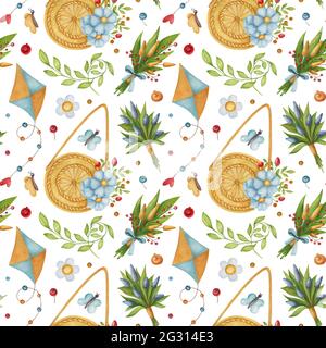 Seamless watercolor pattern with bouquet, flower, bag, butterfly, and kite on a light background. Bright summer illustration. Stock Photo