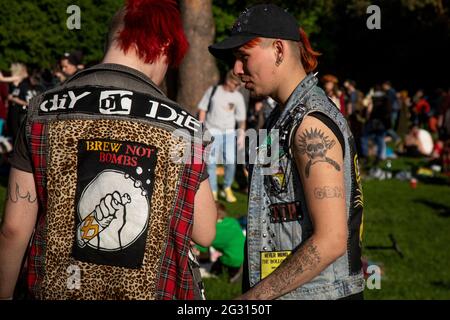 Moscow, Russia. 1st of June, 2021 Traditional meeting of fans of the hippie subculture in the Tsaritsyno Park of Moscow, Russia. Several dozen of people from differen subcultures take parts of the open air to enjoy alternative arts and music Stock Photo