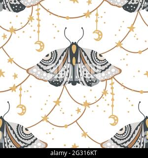 Boho butterfly seamless pattern on a white background. Summer moth wallpaper illustration. Retro vintage fashion hand drawn nature ornament. Stock Vector