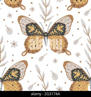 Boho butterfly seamless pattern on a white background. Summer moth wallpaper illustration. Retro vintage fashion hand drawn nature ornament. Stock Vector